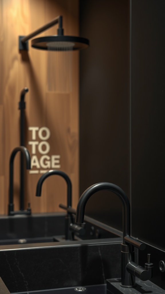 Image showing sleek black bathroom fixtures including faucets and a showerhead against a wooden wall.