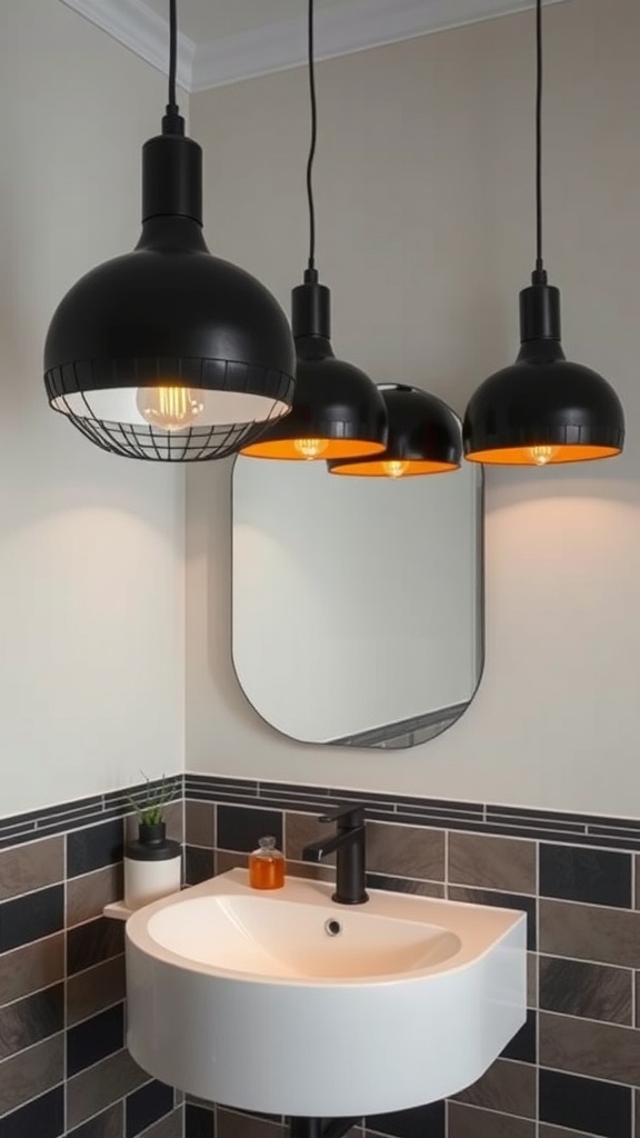 Three black pendant lights with warm orange interiors hanging above a modern sink in a stylish bathroom.