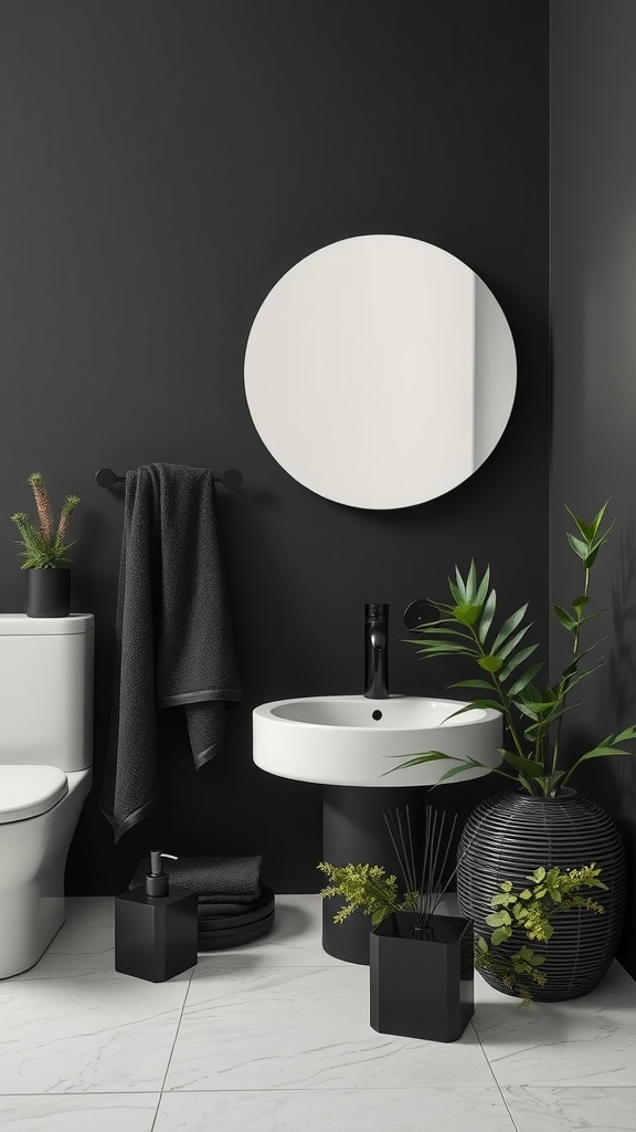 Stylish black-themed bathroom with modern decor and accessories