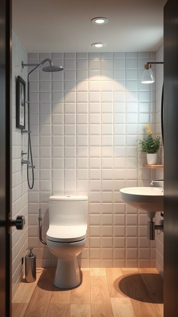 A modern bathroom featuring eco-friendly fixtures and lighting.