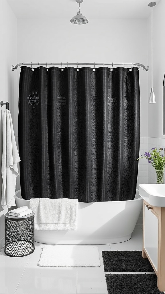 A black textured shower curtain in a modern bathroom with a white bathtub and towels.