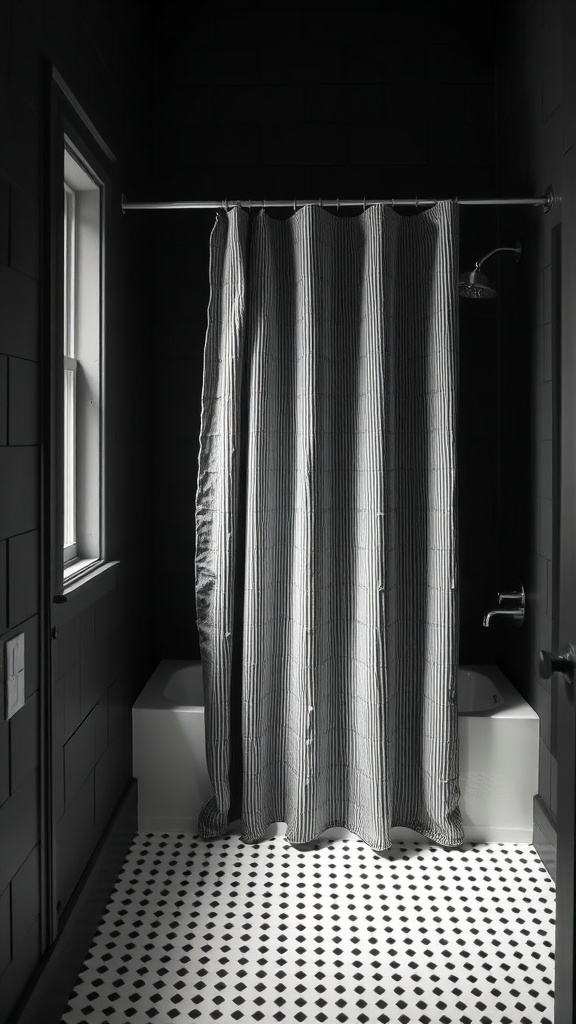 A black shiplap bathroom with a textured shower curtain and patterned floor.