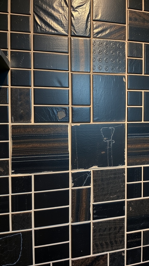 Textured wall with various black and brown tiles in different sizes and finishes.