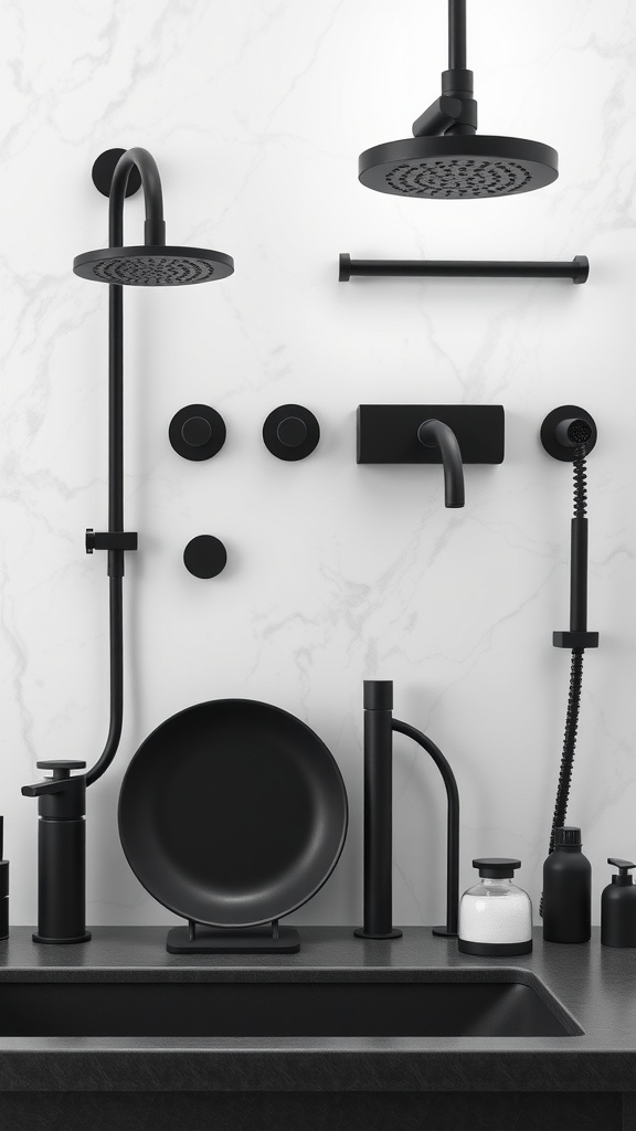 Matte black bathroom fixtures including showerhead, faucet, and accessories against a marble wall.