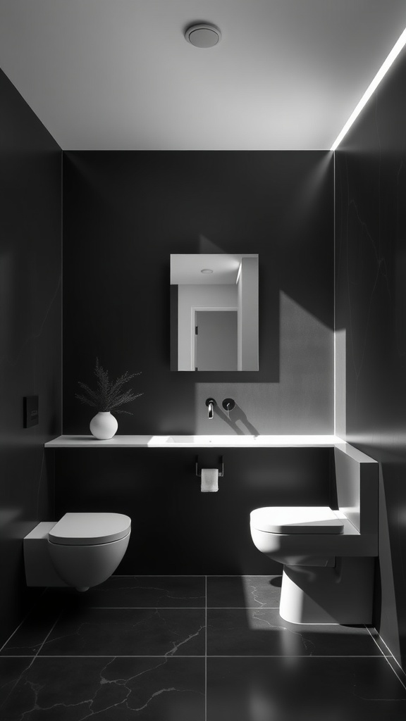 A minimalist matte black bathroom featuring a floating sink, toilet, and subtle lighting.