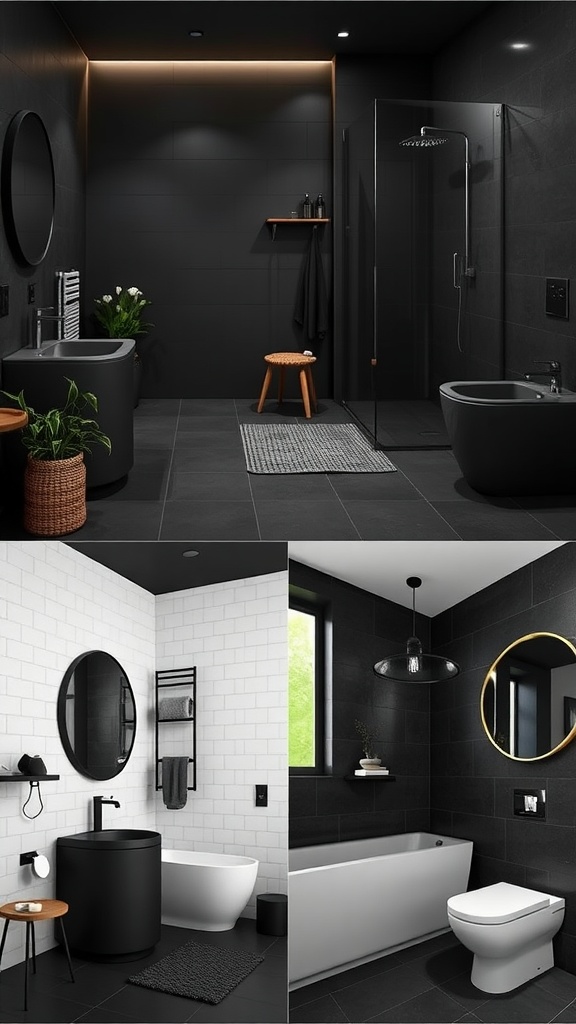 A collage of three different bathroom designs featuring matte black elements, showcasing various styles and themes.