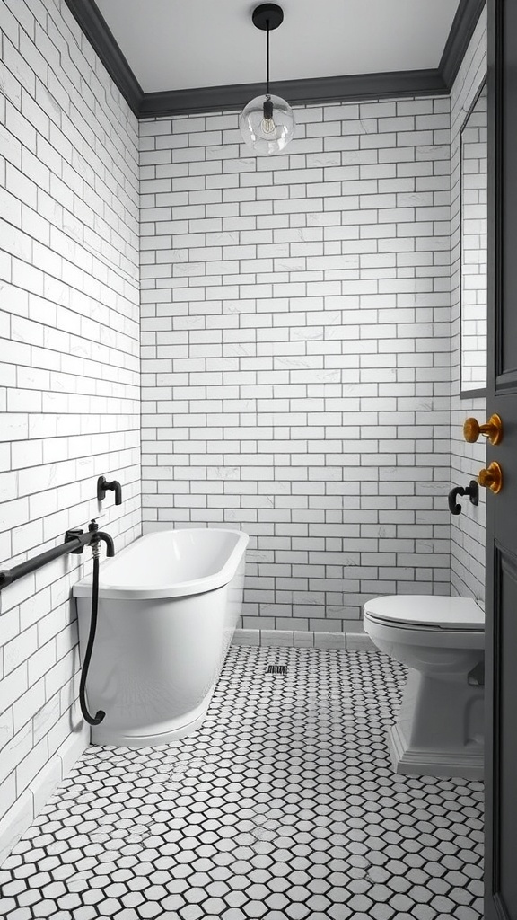 Black and white penny tile bathroom with subway tiles and modern fixtures.