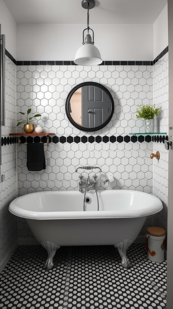 A vintage-inspired black and white penny tile bathroom featuring a freestanding bathtub, hexagon tiles, and a round mirror.