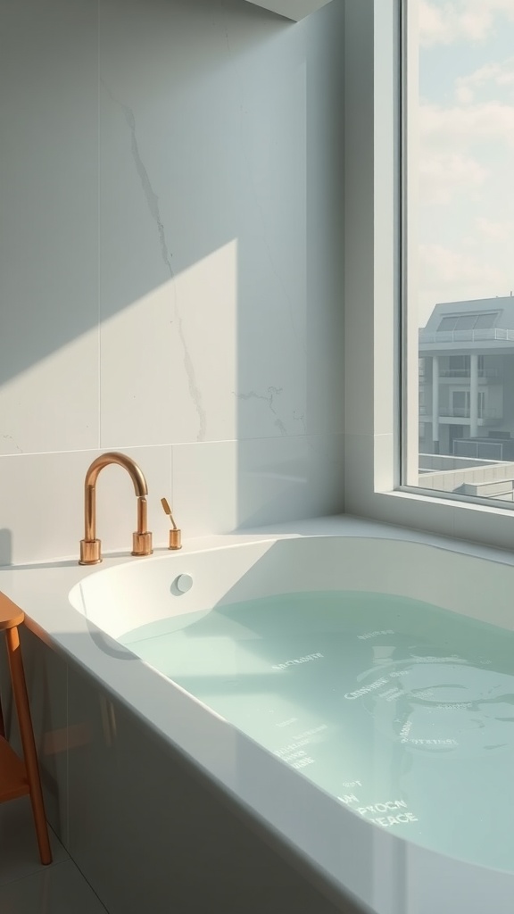 A modern bathtub with a view, featuring light-colored tiles and copper fixtures.