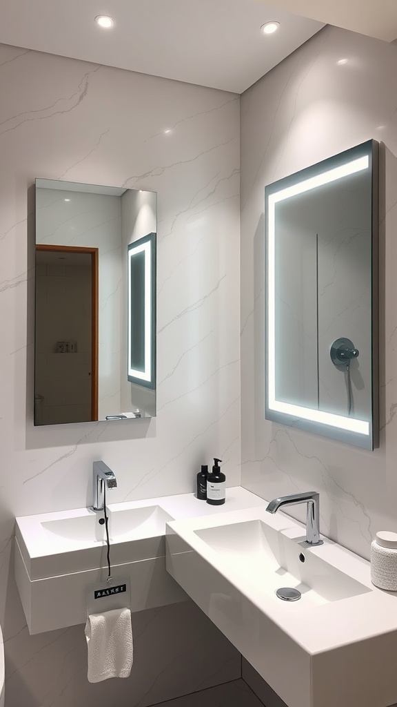 A modern bathroom with a sleek design, featuring a voice-activated mirror and stylish fixtures.