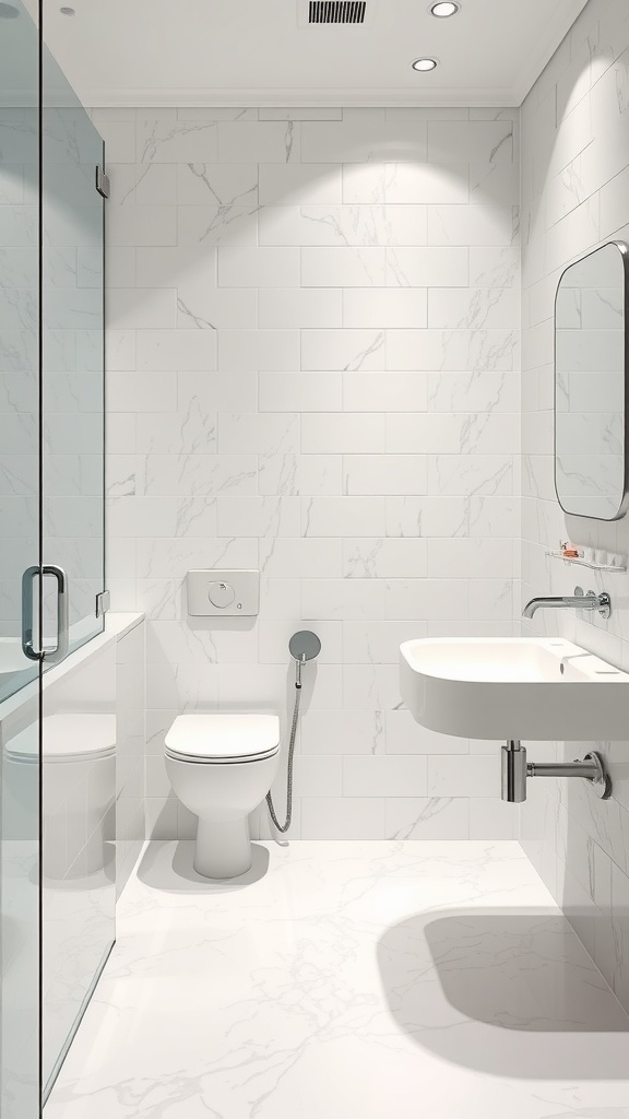 A modern bathroom with white marble tiles, a glass shower, and minimalistic fixtures.