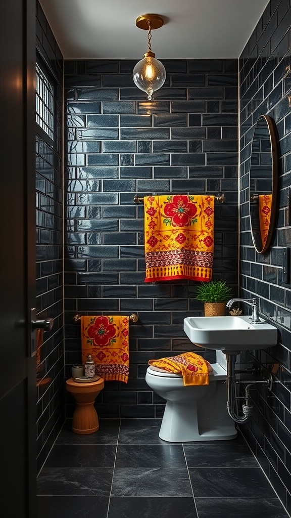 A bathroom with black grout featuring vibrant yellow and red patterned towels, a green plant, and stylish fixtures.