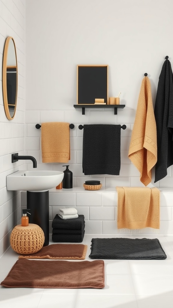 A black and tan bathroom featuring towels, a sleek basin, and decorative accessories