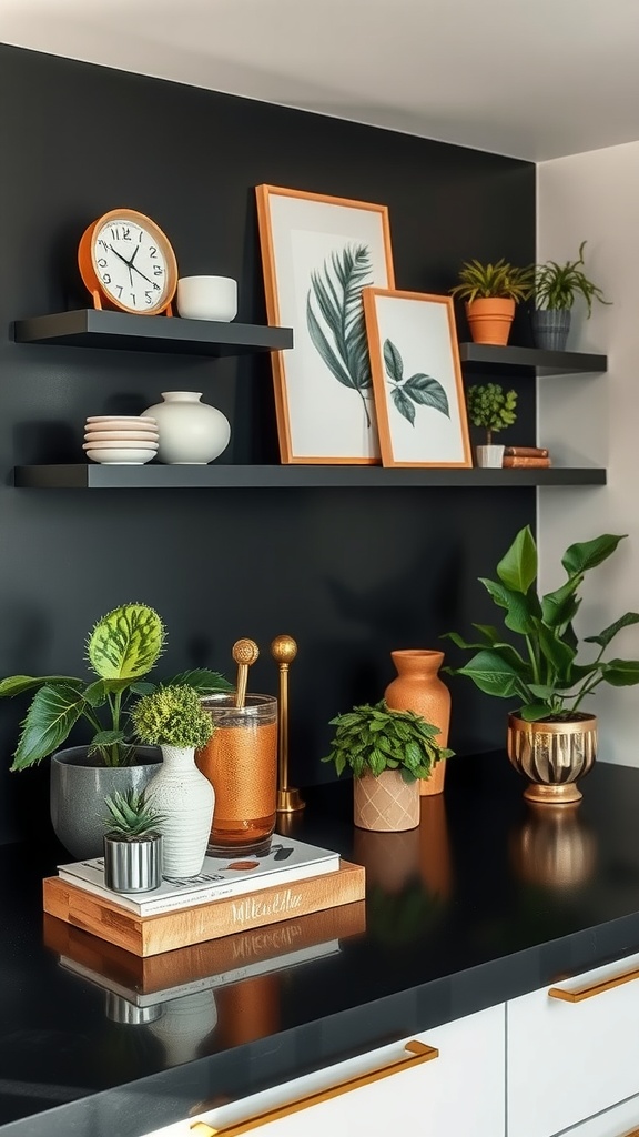 A beautifully organized bathroom counter with black countertops featuring decorative plants, vases, and framed art.