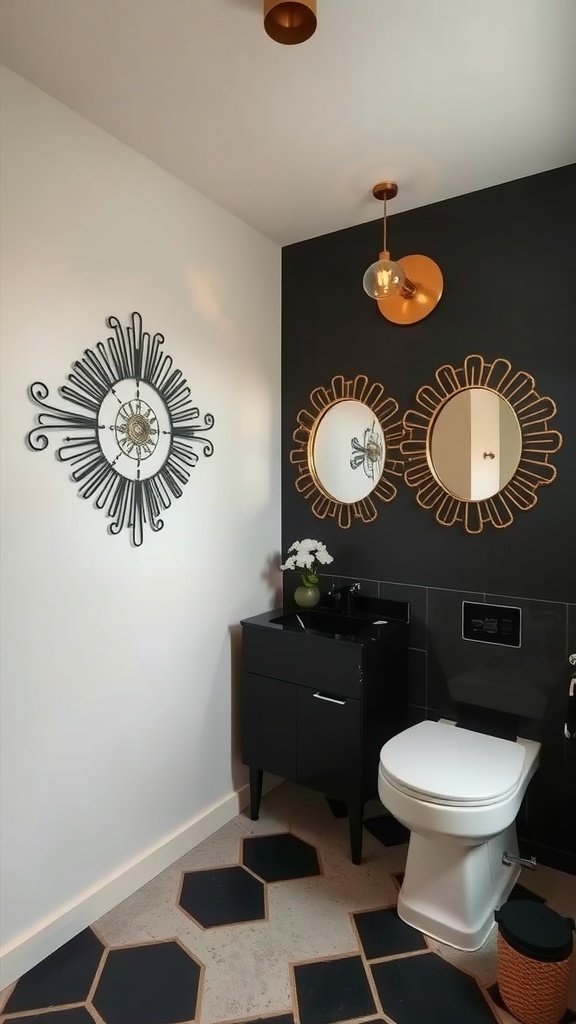 A stylish bathroom featuring black and tan decor, with intricate wall art and unique flooring.