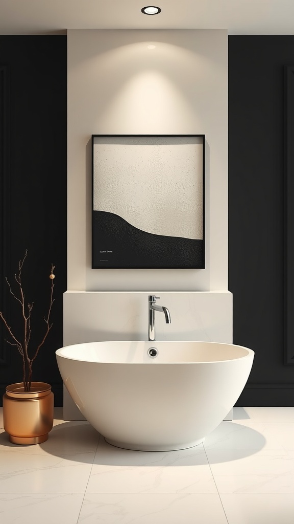 A modern black and cream bathroom featuring a contemporary bathtub and abstract wall art.