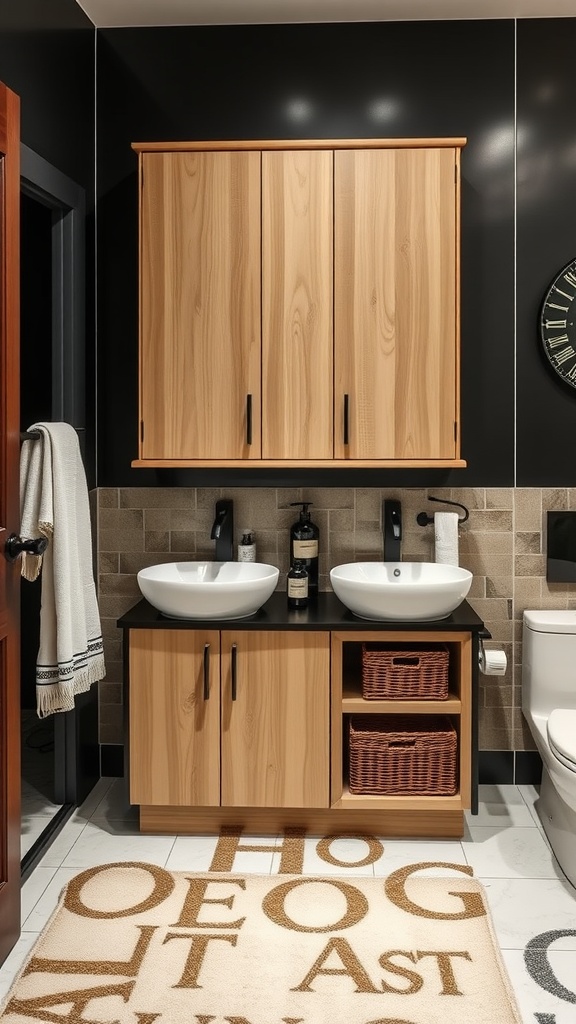 A modern black and tan bathroom featuring wooden cabinetry, sinks, and a cozy rug.