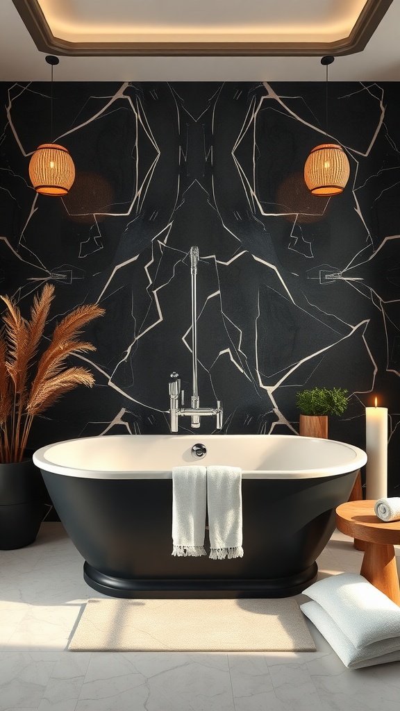 Elegant black and cream bathroom featuring a stylish bathtub, modern decor, and warm lighting.