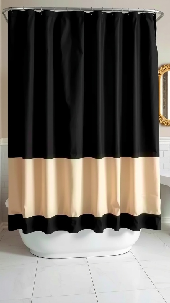 Black and cream shower curtain in a stylish bathroom setting