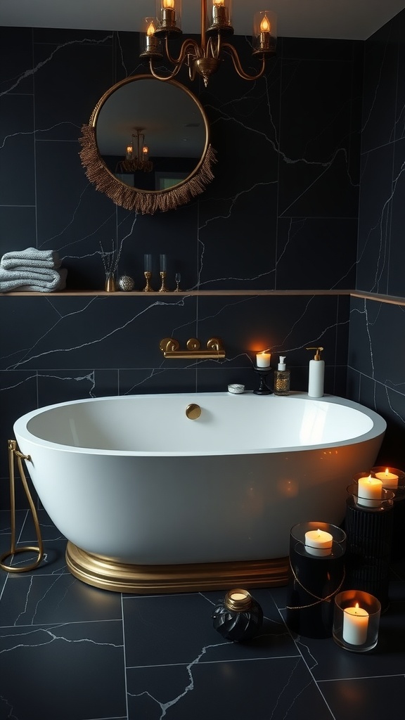 A stylish black and tan bathroom featuring a white bathtub with gold accents, surrounded by dark marble tiles and candles.