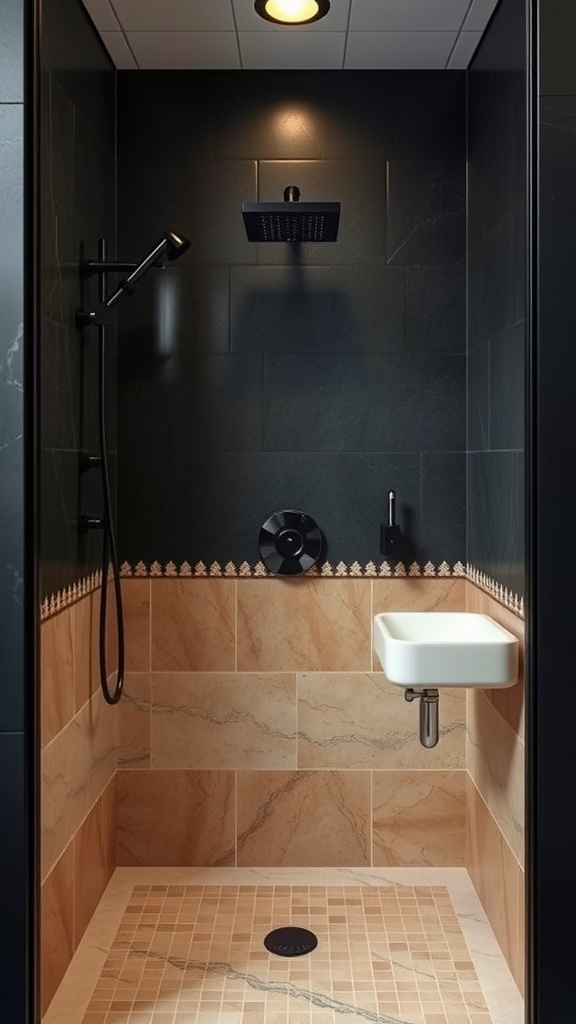 A stylish black and tan shower featuring black walls, tan tiles, and modern fixtures.