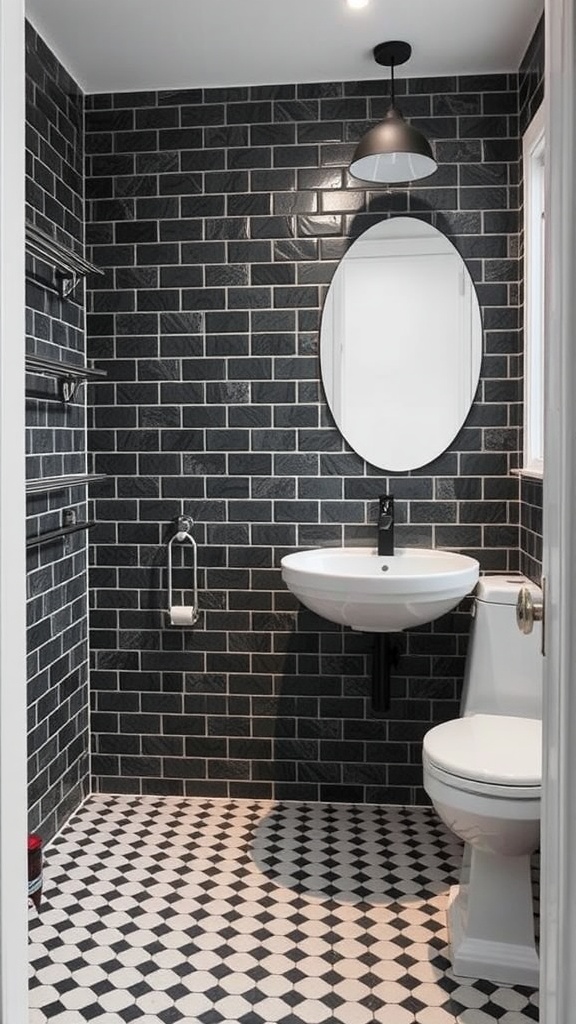 A stylish small bathroom featuring black grout and tiles, with a contrasting black and white floor.