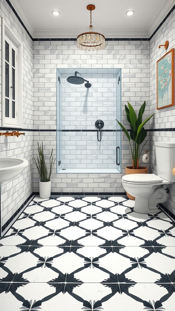 A stylish bathroom featuring black grout and bold patterned tiles.