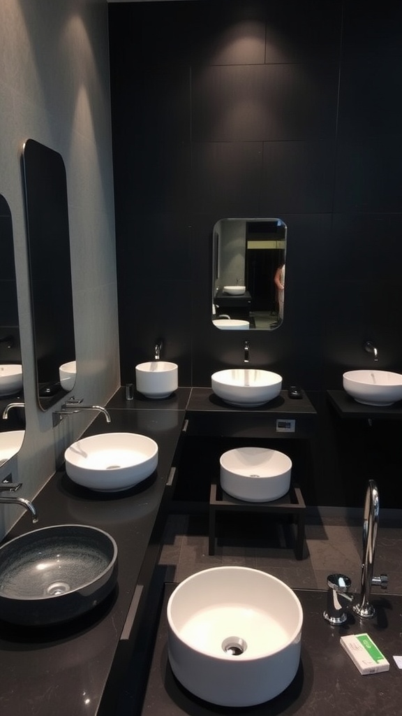 A modern bathroom showcasing various sink designs on black countertops