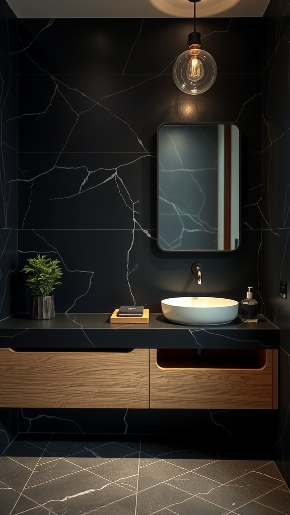 A modern bathroom featuring a black countertop paired with natural wooden drawers, a round mirror, and a plant for a stylish touch.