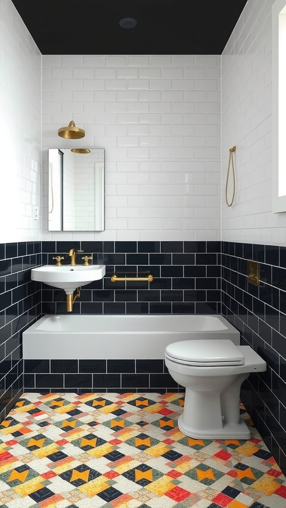A modern bathroom featuring black grout with white tiles, colorful patterned flooring, and gold fixtures.