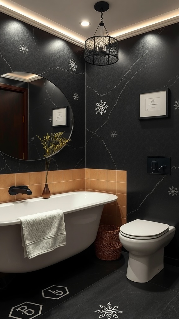 A stylish bathroom featuring black walls, tan tiles, a freestanding bathtub, and modern fixtures.