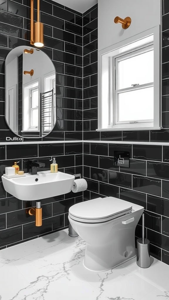 A stylish bathroom featuring dark grout with copper fixtures and white porcelain elements.