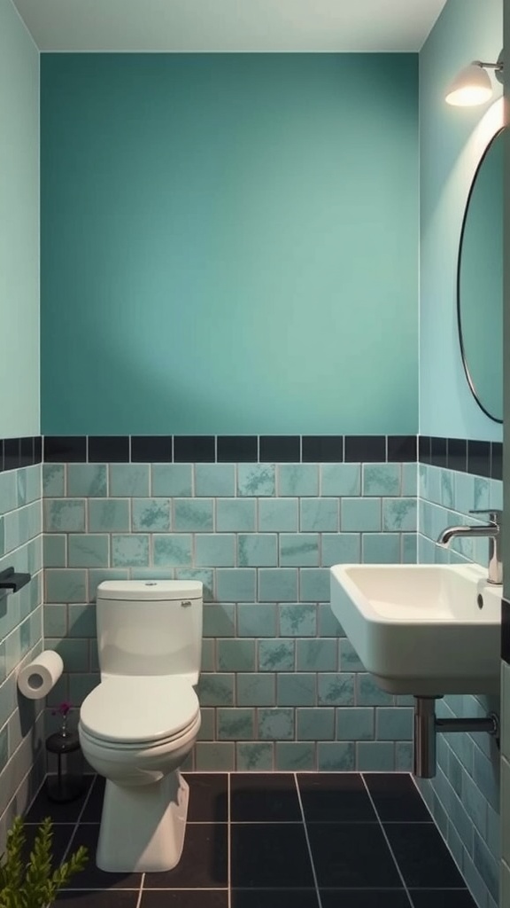 A contemporary bathroom featuring turquoise walls and light blue tiles with black grout.