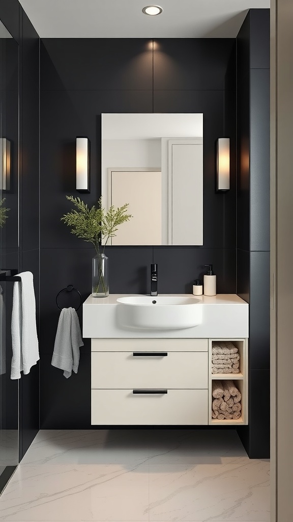 Contemporary bathroom design featuring a black and cream vanity with a round basin, storage drawers, and plants.