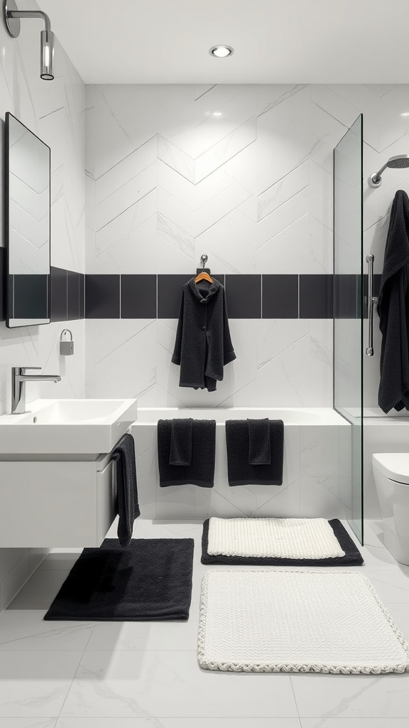 A modern black and cream bathroom featuring black towels and mats with cream accents.