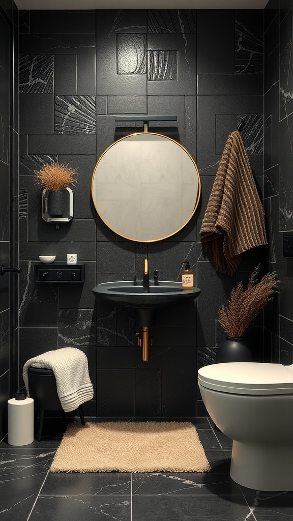 A stylish black and cream bathroom featuring textured black tiles, a round mirror, and cream accents.