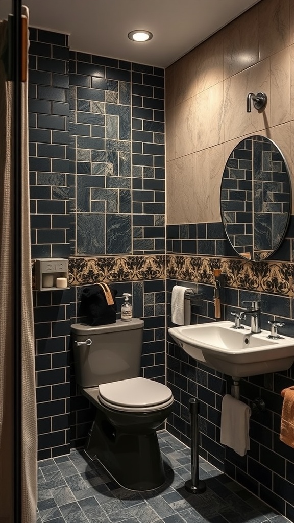 A stylish black and tan bathroom with contrasting textures, featuring dark tiles and light wall tiles.