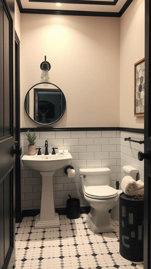 A stylish black and cream bathroom featuring a round mirror above a pedestal sink, black fixtures, and patterned floor tiles.