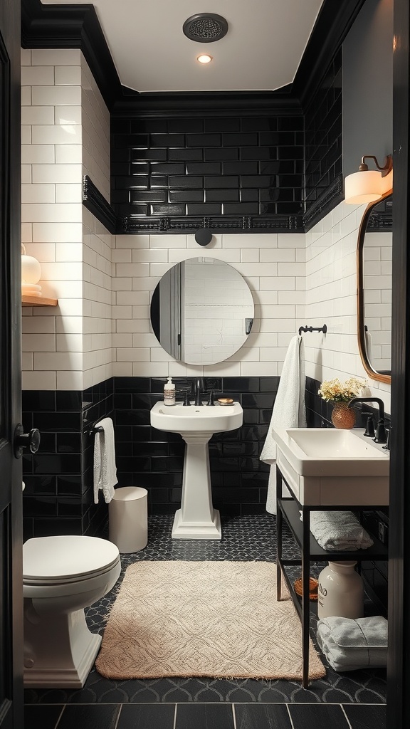 A modern black and cream bathroom featuring a circular mirror, black tiles, and cream accents.