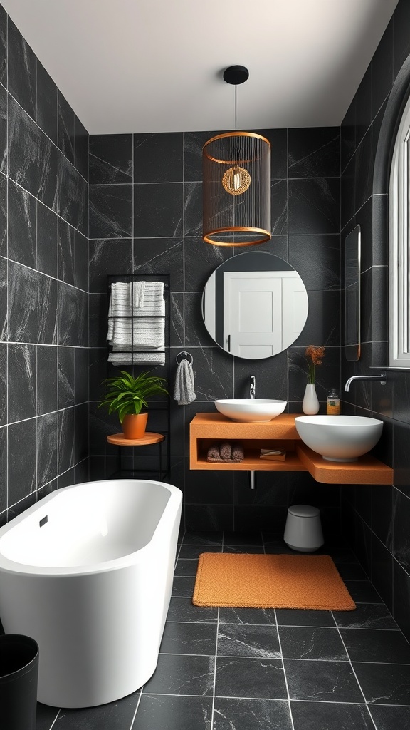 A stylish black and tan bathroom featuring dark tiles, a white bathtub, and natural accents.