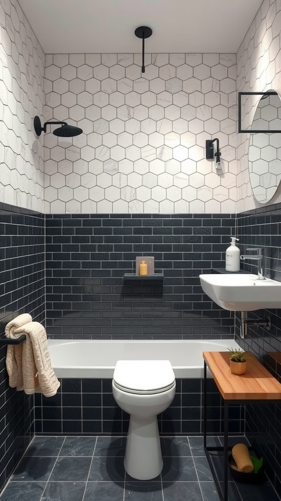 A modern bathroom featuring black grout with hexagonal and rectangular tiles, a wooden shelf, and stylish fixtures.