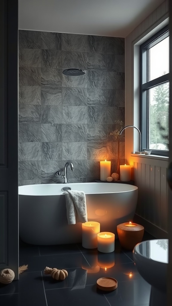 A serene bathroom with a freestanding tub, black grout tiles on the wall, and candles creating a cozy atmosphere.