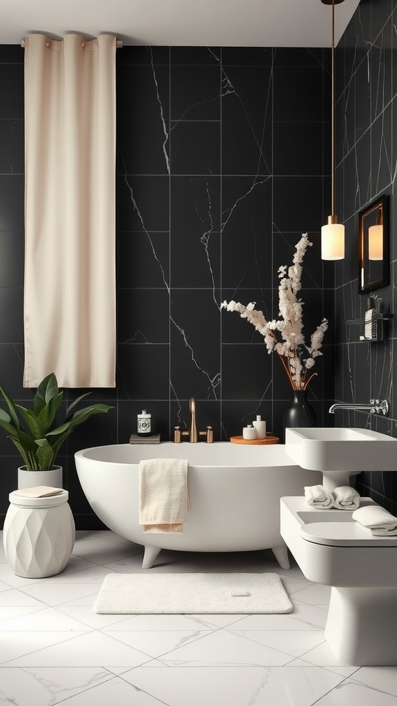 A stylish black and cream bathroom featuring a freestanding tub, dark walls, and elegant decor.