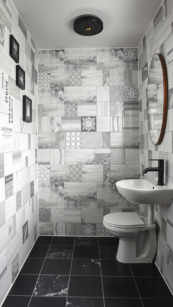 A modern bathroom featuring patterned wall tiles, black grout, and a white sink.