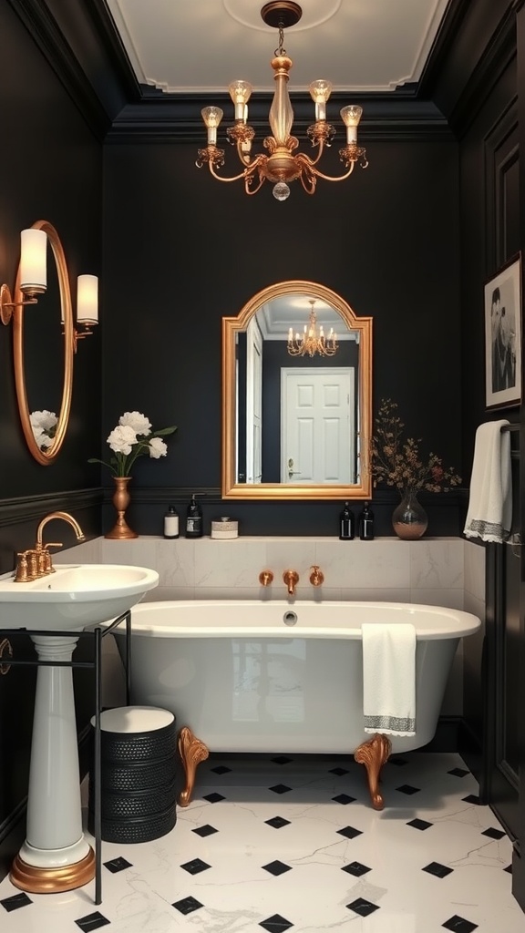A stylish black and cream bathroom featuring a bathtub, chandelier, and ornate fixtures.