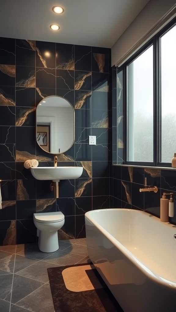 A modern black and tan bathroom featuring dark tiles with golden veining, a sleek sink, and a freestanding tub