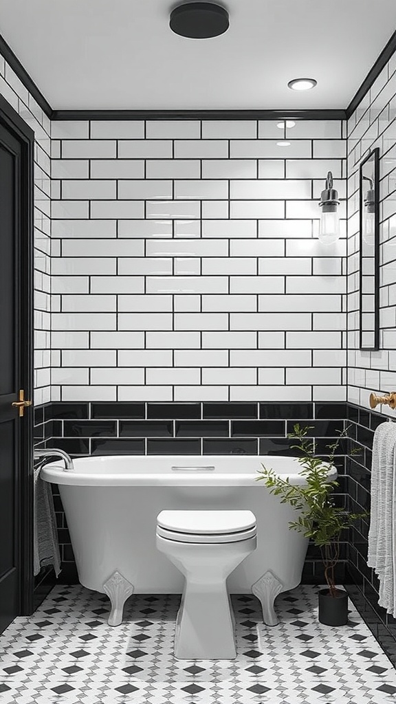 A stylish bathroom featuring black grout with white tiles, a freestanding bathtub, and modern fixtures.