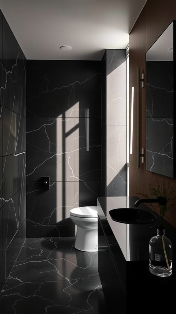 A modern bathroom featuring black countertops and natural light