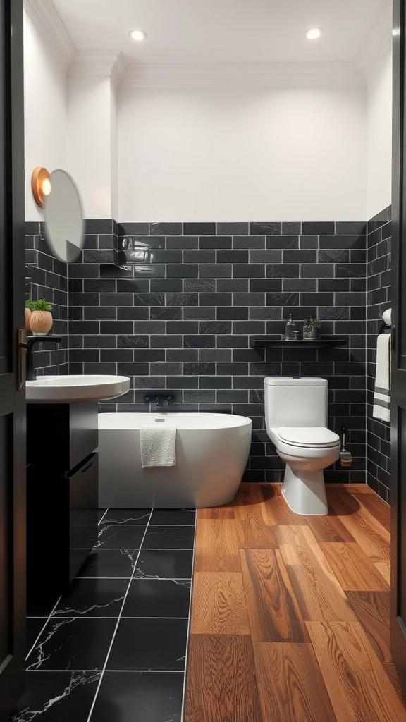 A stylish black and tan bathroom featuring a mix of black tiles and tan wood flooring.