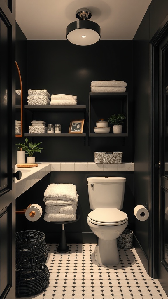 A black and cream bathroom showcasing stylish storage solutions with neatly arranged towels and decorative items.